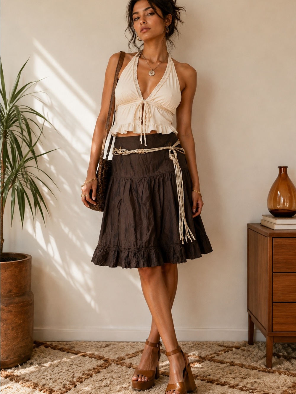 Y2K Fervente Brown Tiered Skirt Gold Belt Boho 2000s - Sz M